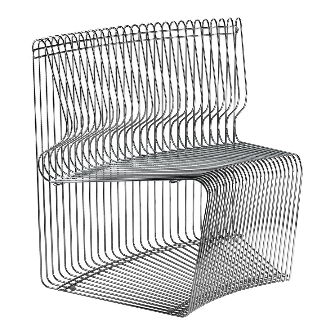 Silver wire chair with an intricate wave pattern, featuring sleek and modern lines.
