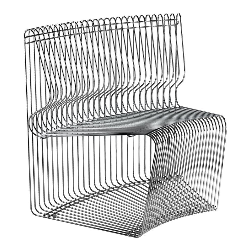 Silver wire chair with an intricate wave pattern, featuring sleek and modern lines.