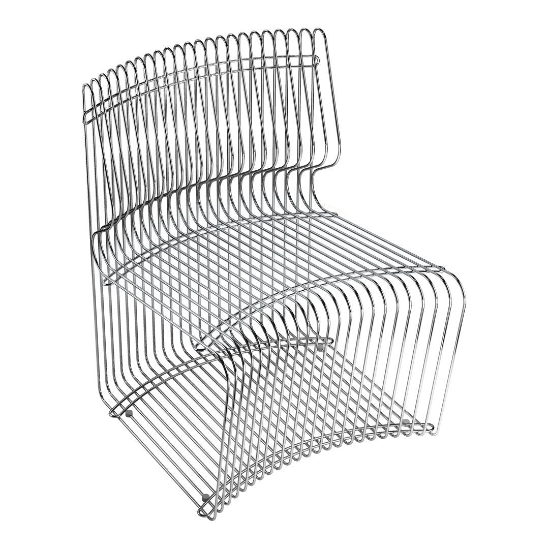Modern wire chair in sleek silver with a unique wavy pattern and minimalist design. Perfect for contemporary decor.
