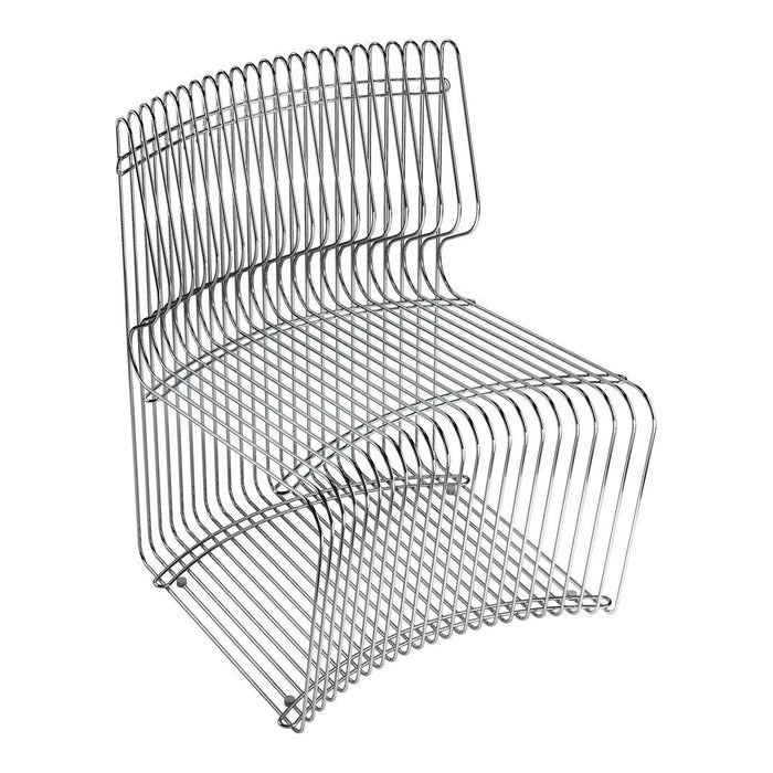 Modern wire chair in sleek silver with a unique wavy pattern and minimalist design. Perfect for contemporary decor.