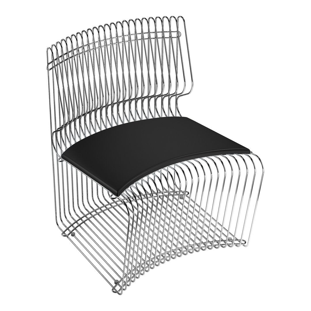 Modern wire chair with a sleek silver finish and a bold black seat, featuring a unique curved pattern.