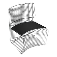 Modern wire chair with a sleek silver finish and a bold black seat, featuring a unique curved pattern.