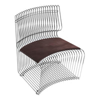 Stylish wire chair with a sleek silver finish and contrasting dark brown seat cushion. Modern and minimalist design.