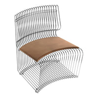 Stylish wire chair with a sleek silver finish and a warm brown leather seat, featuring a unique curved design.