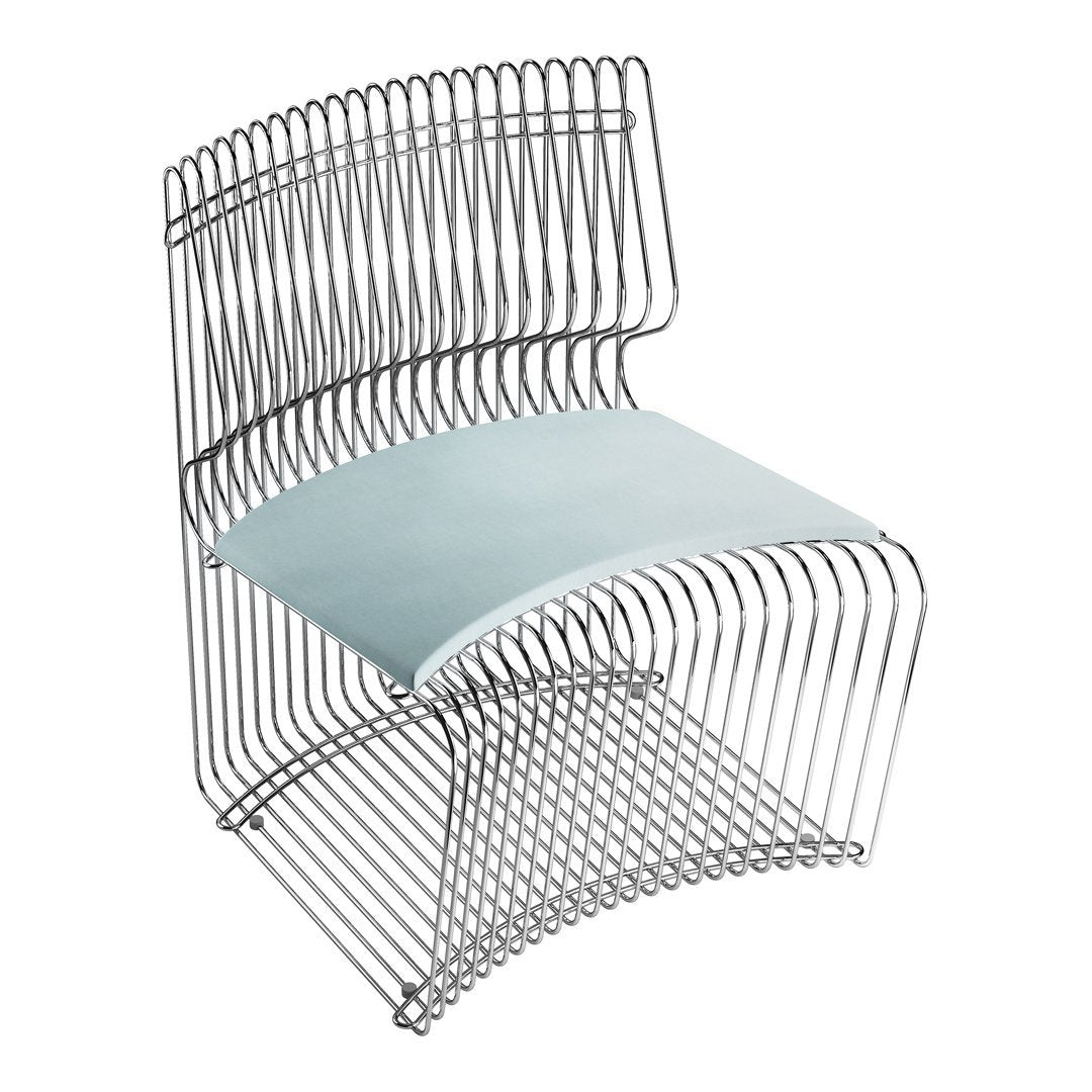 Modern wire chair with sleek silver frame and light blue seat, featuring a unique curved design and open pattern.