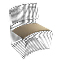 Modern wire chair in silver with a beige cushion, featuring curved lines and a minimalist design.