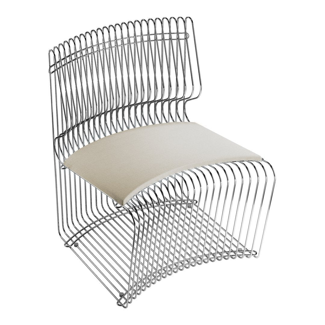 Modern wire chair with a sleek silver finish and a minimalist cream cushion, showcasing a unique curved pattern.