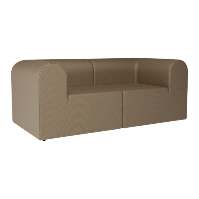 Beige textured sofa with rounded arms and seamless design, ideal for modern living spaces and cozy aesthetics.