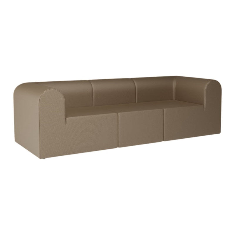 "Smooth beige sofa with a textured pattern, featuring a modern low-profile design and rounded edges."