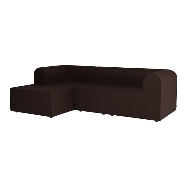 Brown fabric sectional sofa with sleek lines and rounded edges, perfect for modern living spaces.