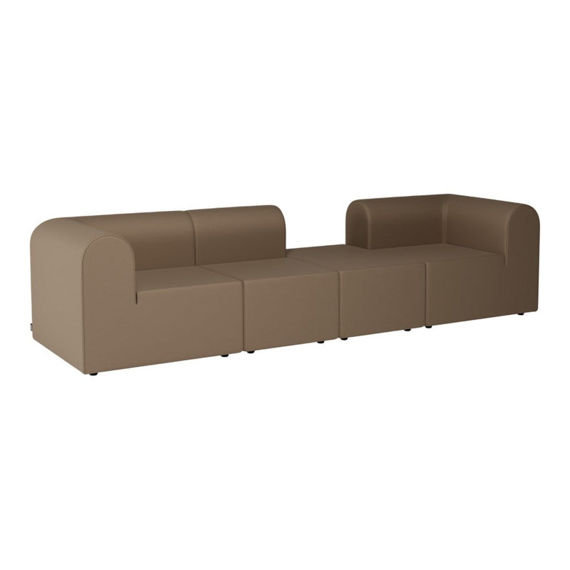 Brown modular sofa with smooth, textured fabric and rounded arms, offering a sleek and modern design.