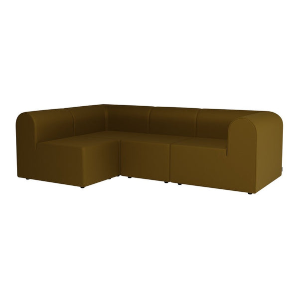 Brown L-shaped sectional sofa with smooth upholstery and rounded arms, ideal for modern living spaces.