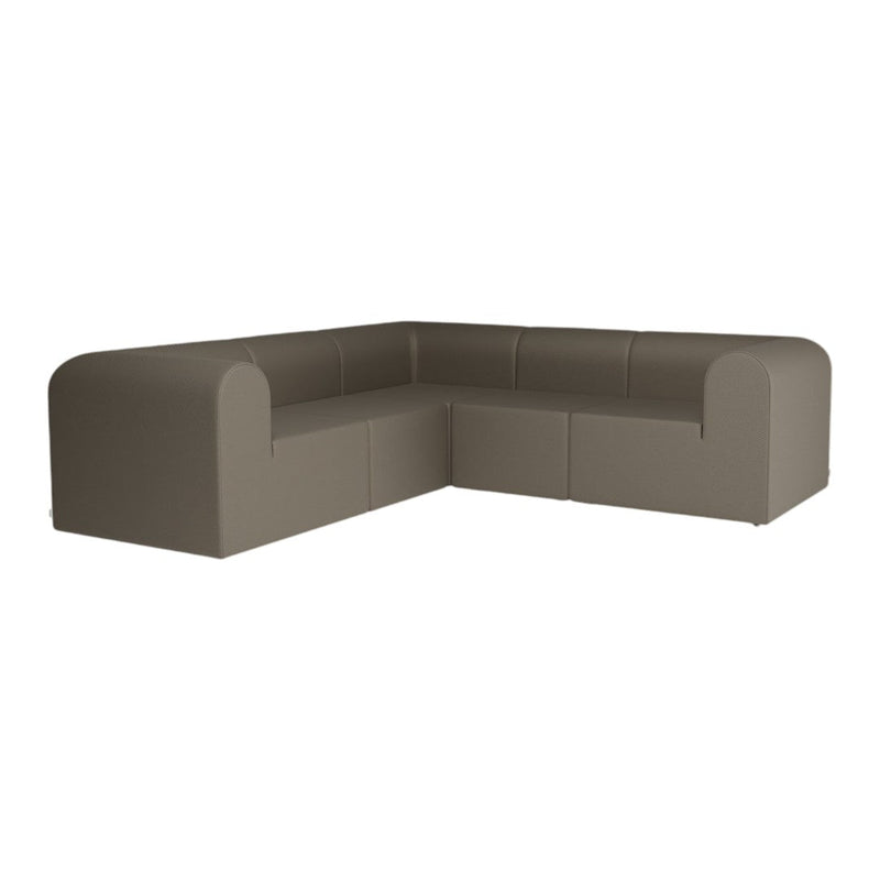"L-shaped sofa in a warm taupe color with a smooth, textured fabric pattern."