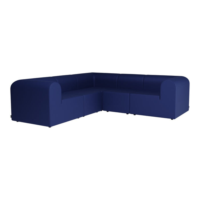 Navy blue sectional couch with smooth, modern design and curved edges, perfect for contemporary living spaces.
