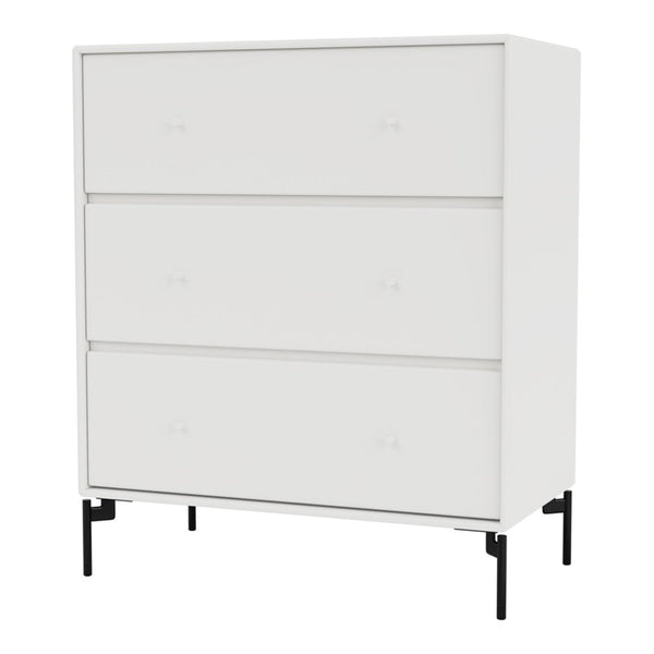 White three-drawer dresser with minimalistic design and sleek black legs. Ideal for modern decor.