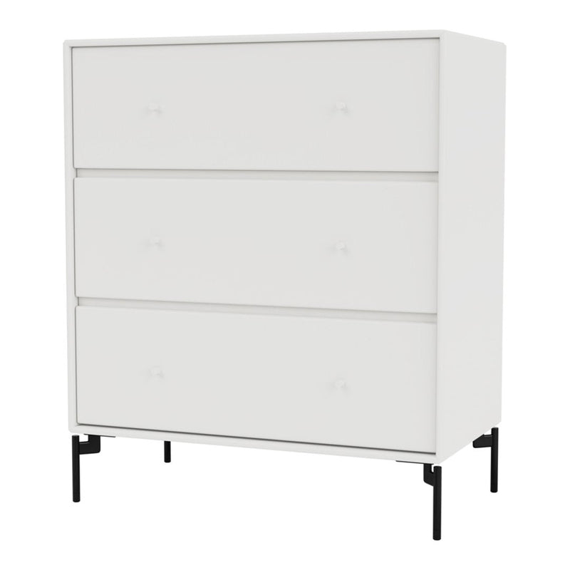 White three-drawer dresser with minimalistic design and sleek black legs. Ideal for modern decor.