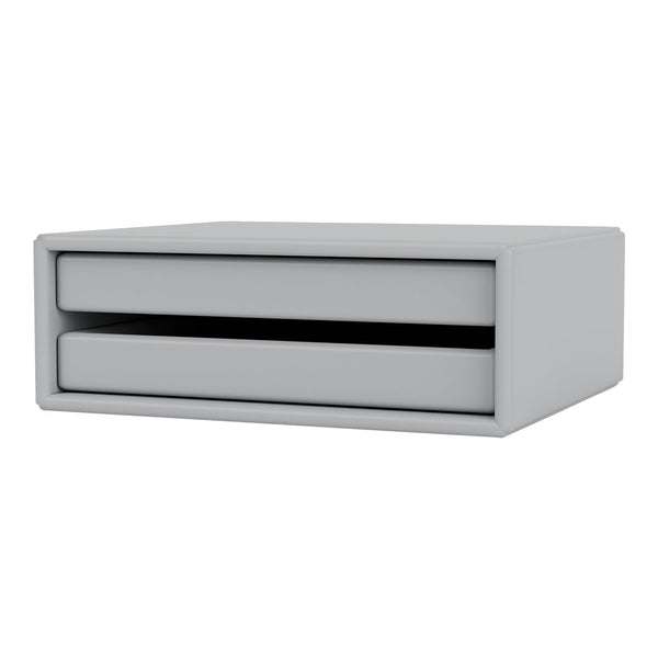 Gray storage drawer with a sleek, minimalistic design and two smooth, integrated pull-out compartments.
