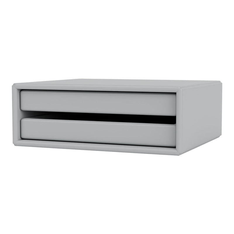 Gray storage drawer with a sleek, minimalistic design and two smooth, integrated pull-out compartments.