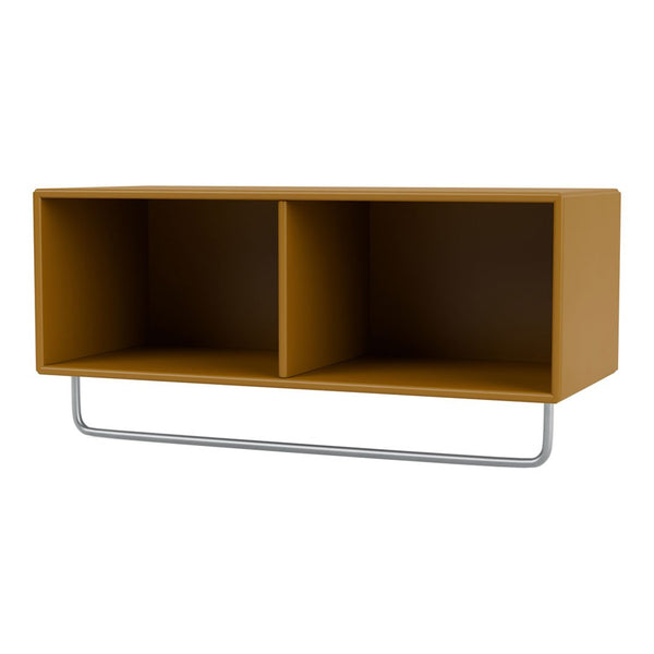 Modern wall-mounted shelf in warm mustard yellow with a sleek silver metal frame, featuring two open compartments.