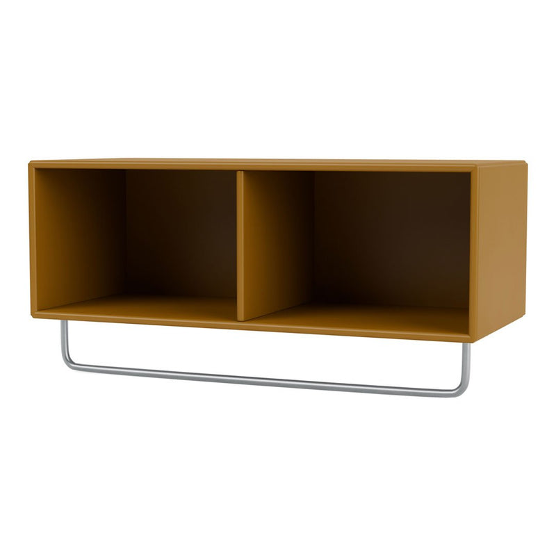 Modern wall-mounted shelf in warm mustard yellow with a sleek silver metal frame, featuring two open compartments.