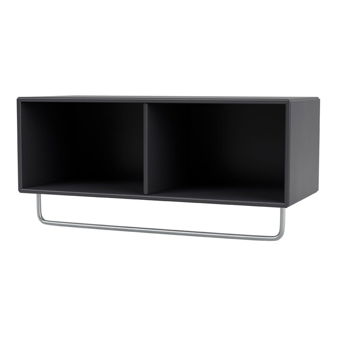 Black storage shelf with a sleek design and silver metal support. Minimalist style, perfect for modern decor.