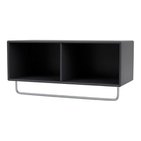 Black storage shelf with a sleek design and silver metal support. Minimalist style, perfect for modern decor.
