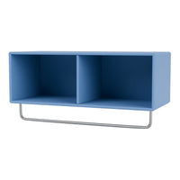 Light blue storage unit with two open compartments and a sleek silver metal frame.