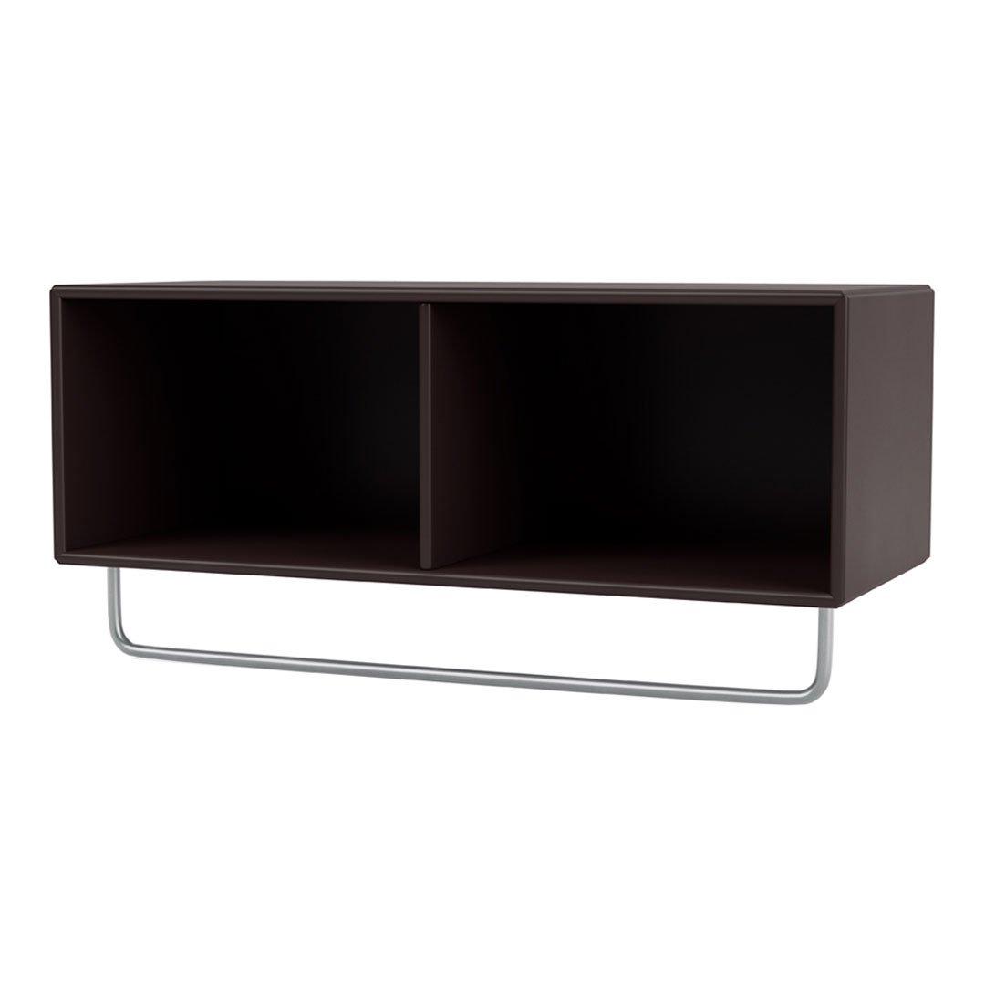 Dark brown storage shelf with minimalist design and sleek silver metal support, featuring smooth, clean lines.