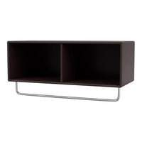 Dark brown storage shelf with minimalist design and sleek silver metal support, featuring smooth, clean lines.