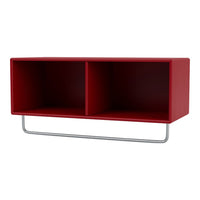 Red shelving unit with a sleek design and silver metal support, featuring two open compartments. Perfect for modern spaces.