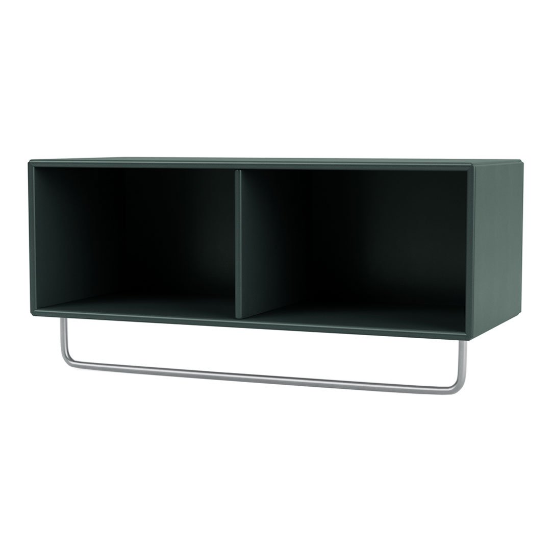 Dark green modern wall shelf with a sleek metallic frame and minimalist design, featuring two open compartments.