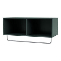 Dark green modern wall shelf with a sleek metallic frame and minimalist design, featuring two open compartments.