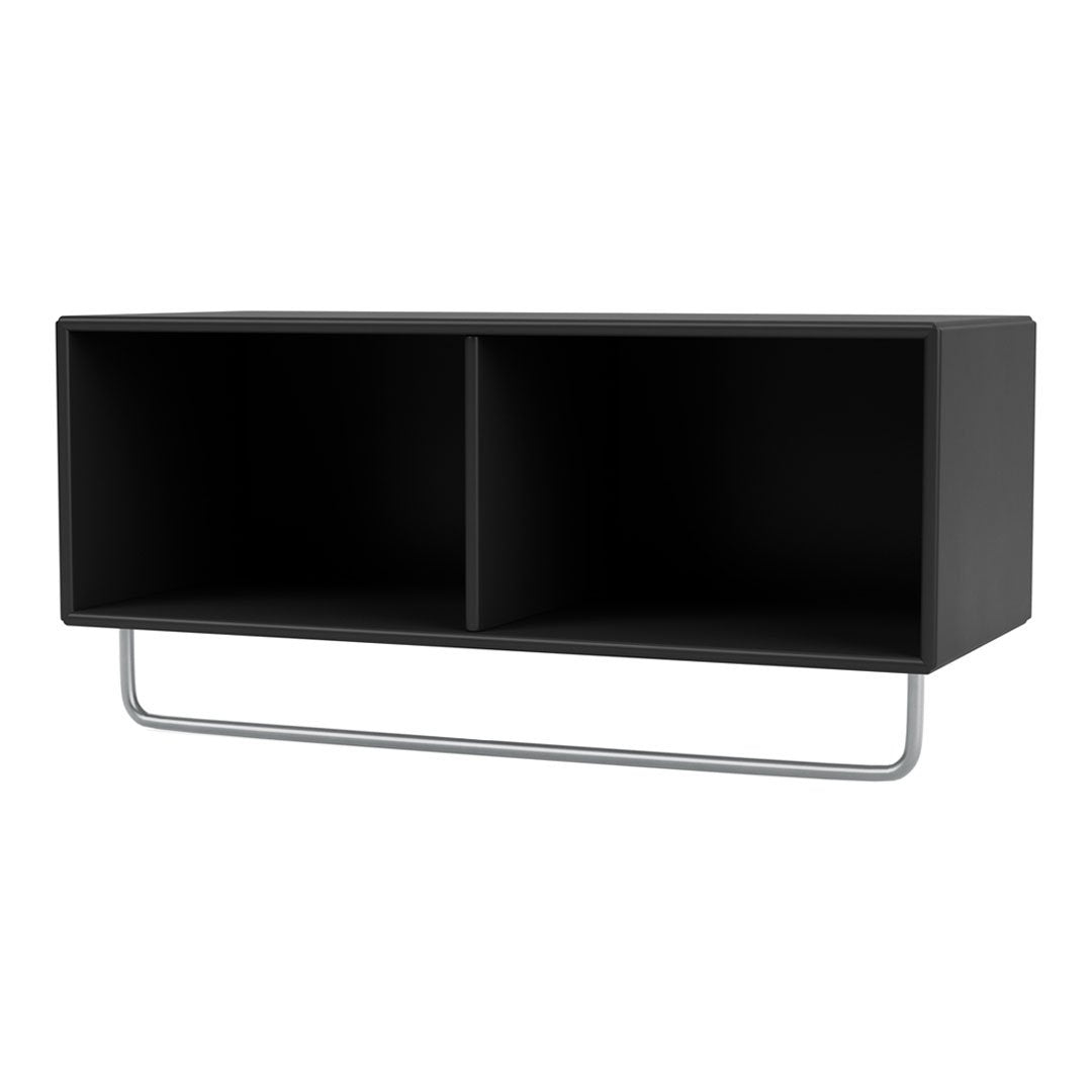 Black storage shelf with minimalist design and metallic silver bar accent. Sleek and modern aesthetic.