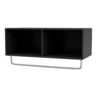 Black storage shelf with minimalist design and metallic silver bar accent. Sleek and modern aesthetic.