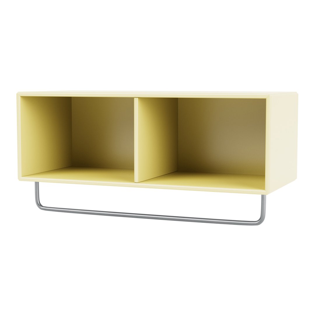 Modern yellow storage shelf with a sleek design and gray metal frame, perfect for stylish organization.