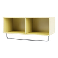 Modern yellow storage shelf with a sleek design and gray metal frame, perfect for stylish organization.