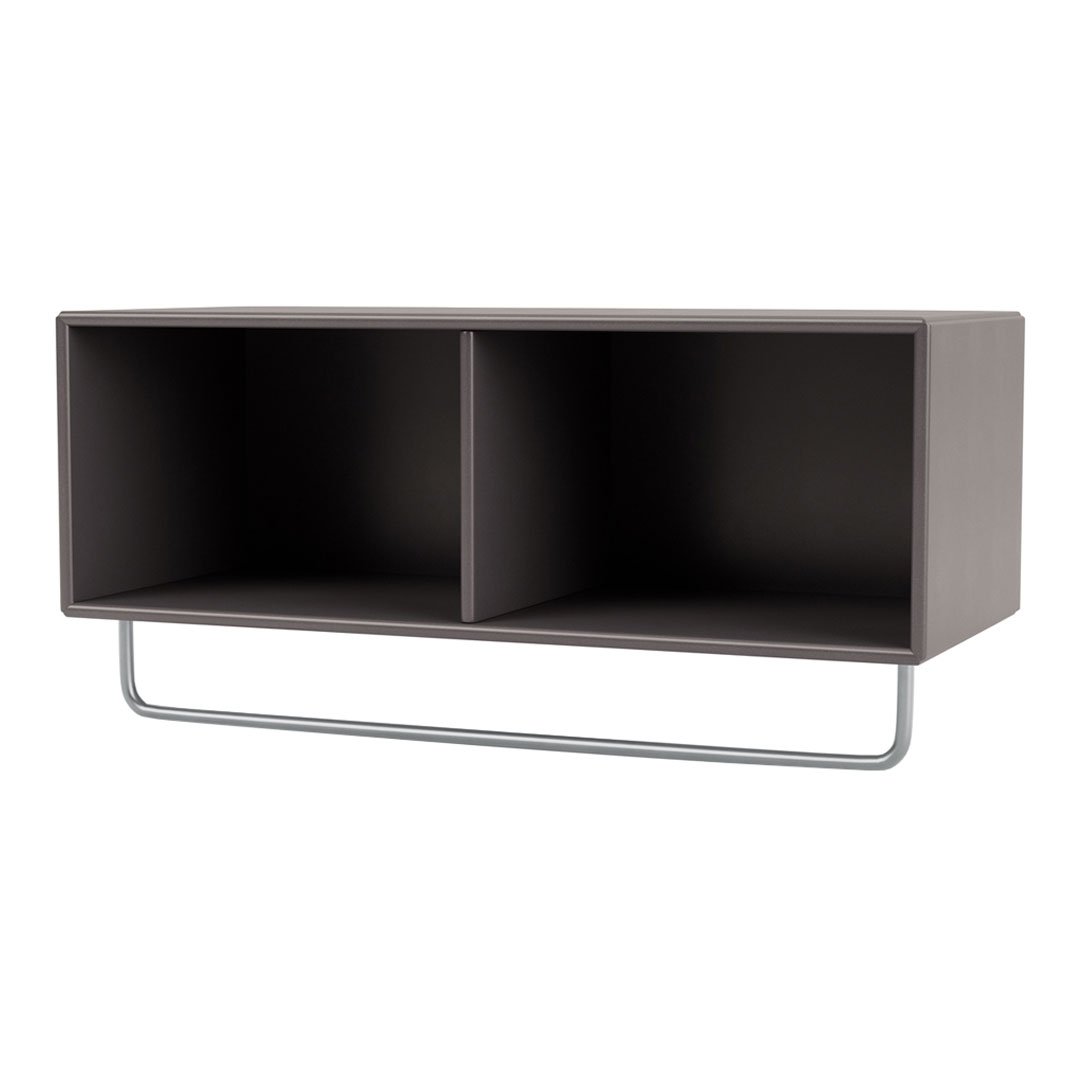 Dark charcoal storage shelf with a sleek matte finish and pastel gray metal accents for modern decor.