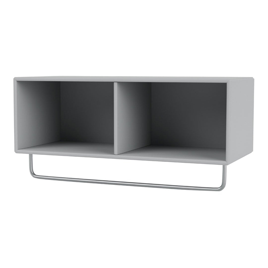 "Minimalist gray wall shelf with sleek lines and a metal support bar, featuring two open compartments."