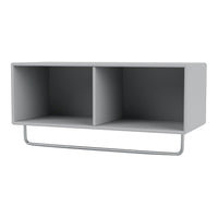"Minimalist gray wall shelf with sleek lines and a metal support bar, featuring two open compartments."