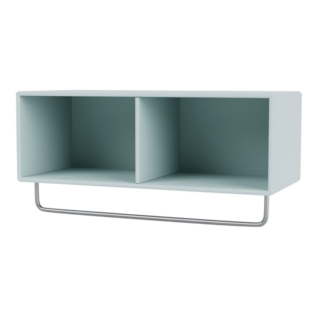 Light blue modern shelf with a minimalist design and subtle texture, featuring two open compartments and a sleek metal frame.