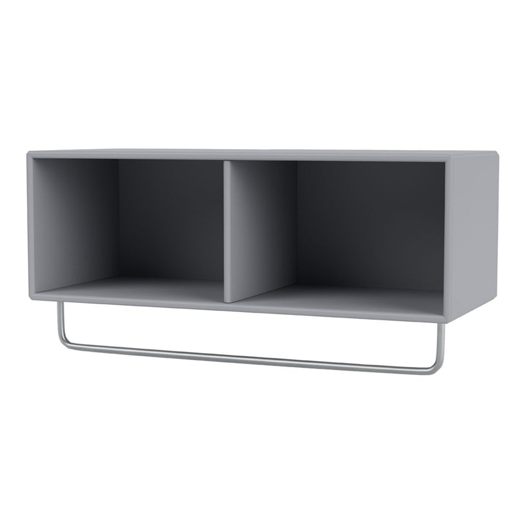 Gray wall-mounted shelf with two open compartments and a sleek silver support bar. Modern and minimalistic design.