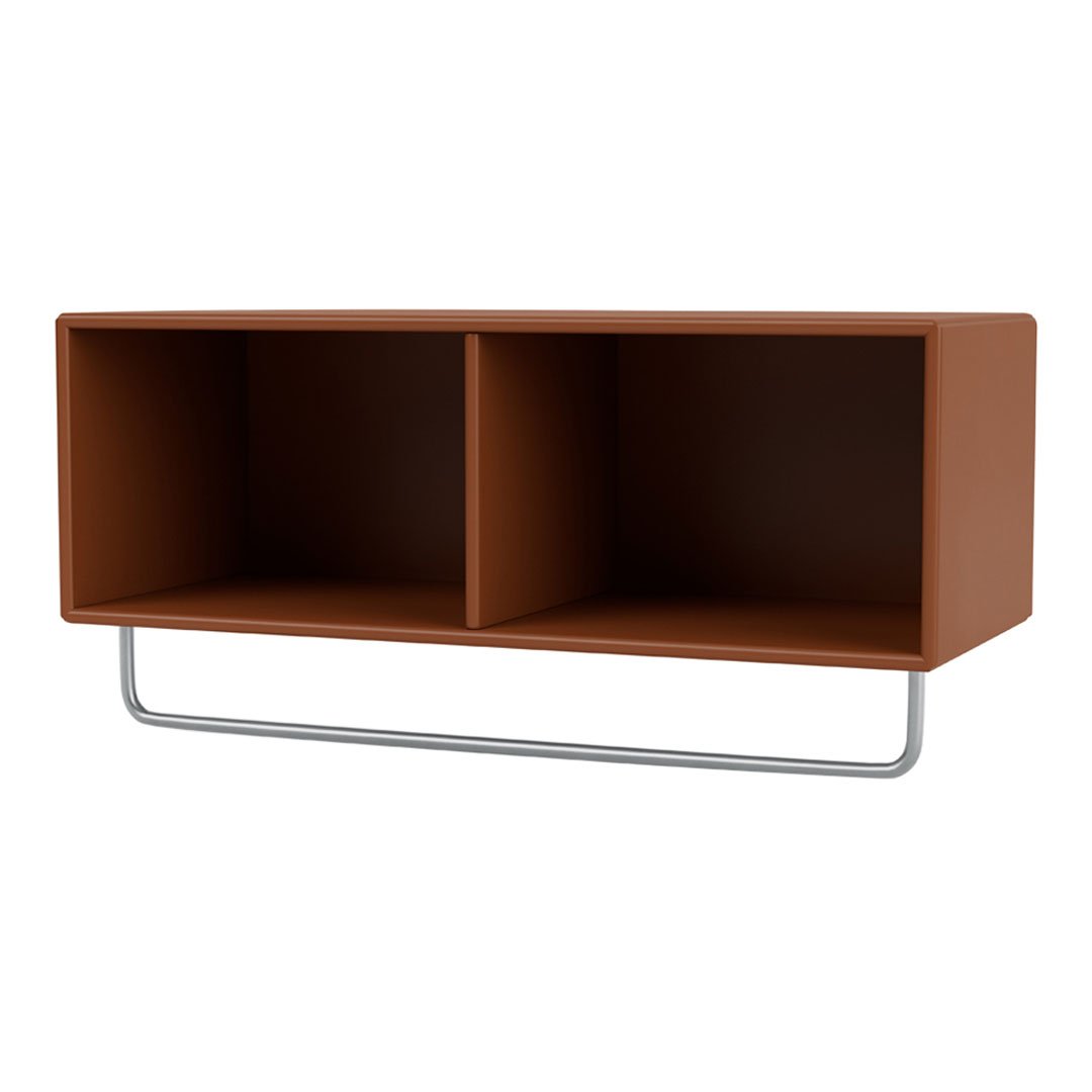 "Rust-orange storage shelf with a sleek silver metal frame, featuring a minimalist design."