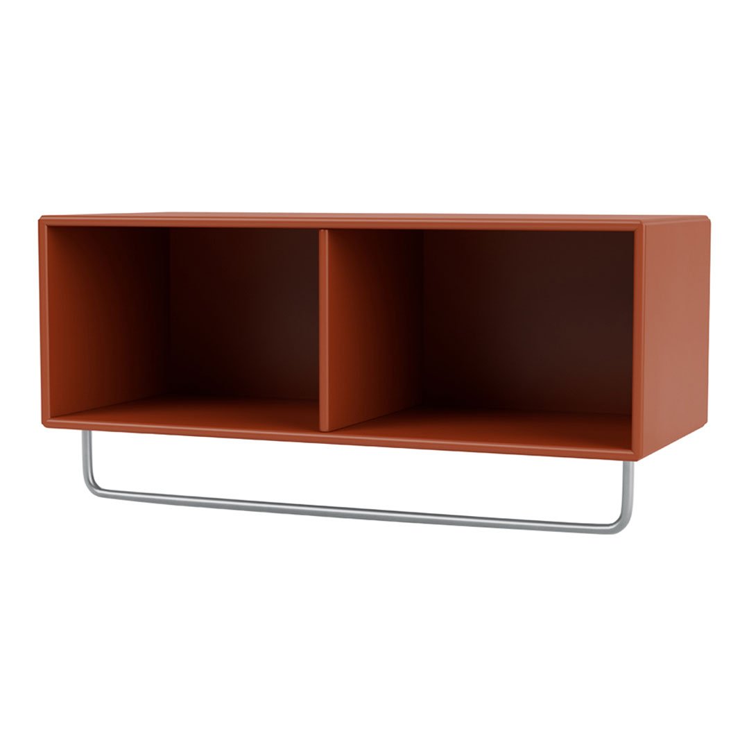 "Rust-colored wall shelf with two open compartments and a sleek silver metal frame."