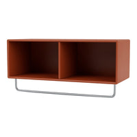 "Rust-colored wall shelf with two open compartments and a sleek silver metal frame."