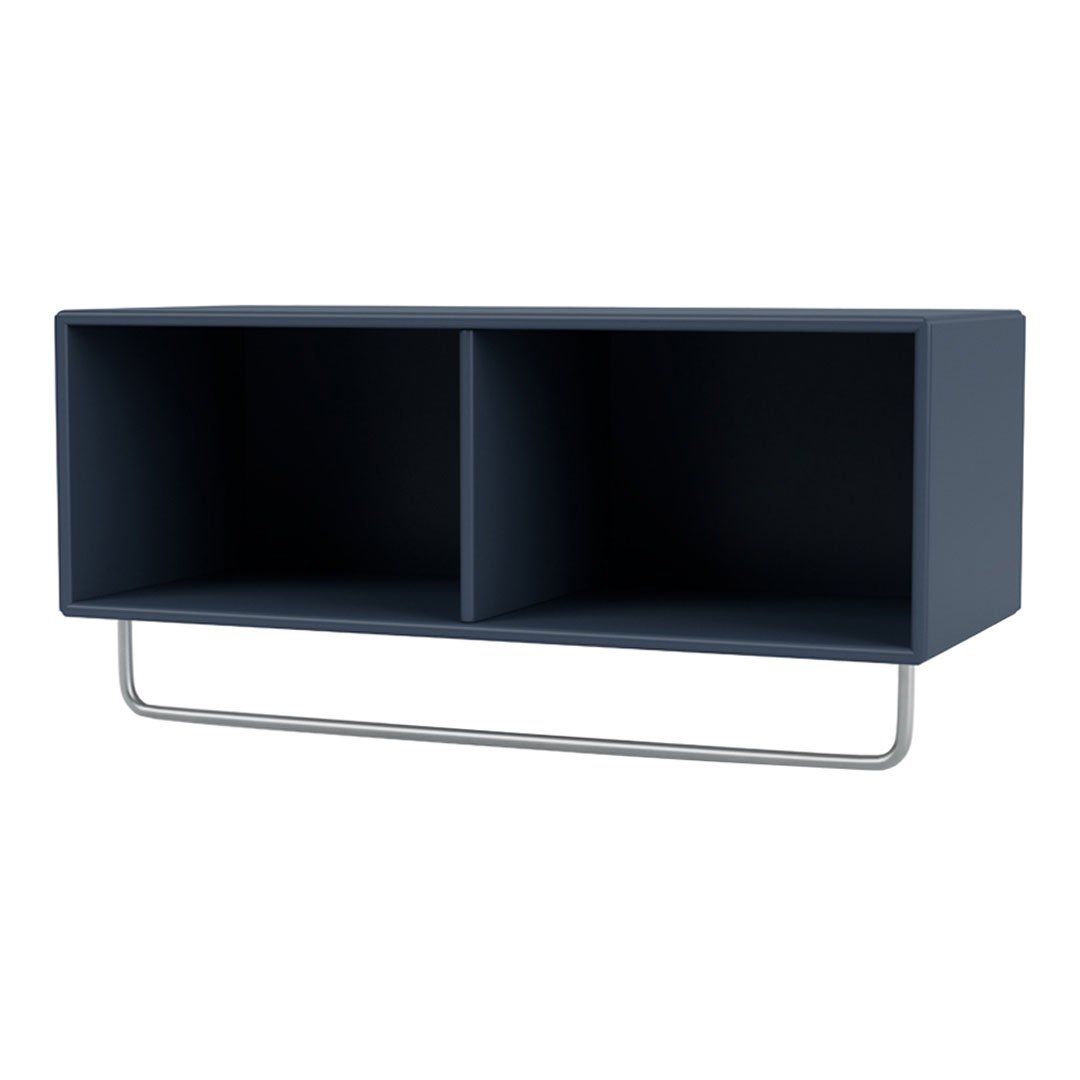 Navy blue storage shelf with sleek design and silver metal frame, featuring two open compartments.