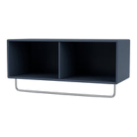 Navy blue storage shelf with sleek design and silver metal frame, featuring two open compartments.