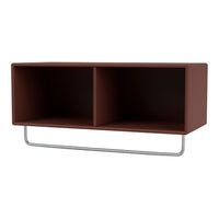 "Rustic brown wall shelf with minimalist design and sleek silver support for modern decor."