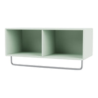 Mint green two-compartment shelf with a sleek silver metal support. Perfect for modern interiors.