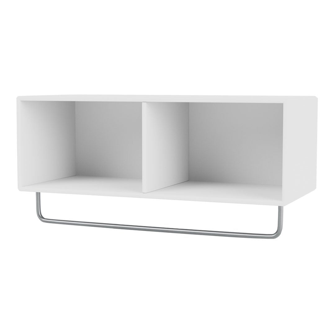 Modern white shelf with clean lines, featuring a sleek silver metal support. Ideal for minimalist decor.
