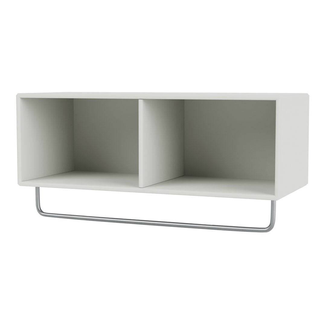 Minimalist gray shelving unit with a sleek design and a smooth matte finish, featuring two open compartments.